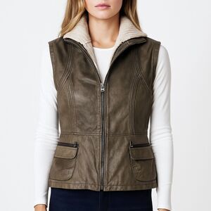 Jakett New York Courtney Hooded Olive Leather Boho Vest Removable Sweater Trim